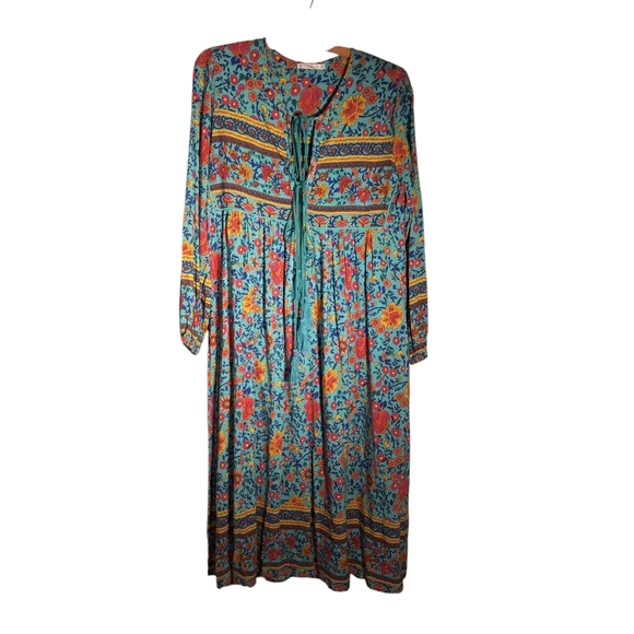 R.Vivimos Women Long Sleeve Floral Print V Neck Tassel Bohemian Midi Dress Med - Picture 1 of 10